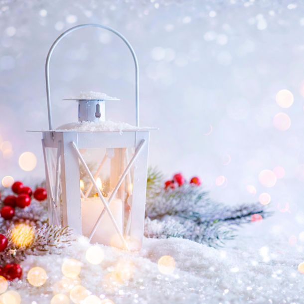 White snowy lantern in wintery setting with red berries