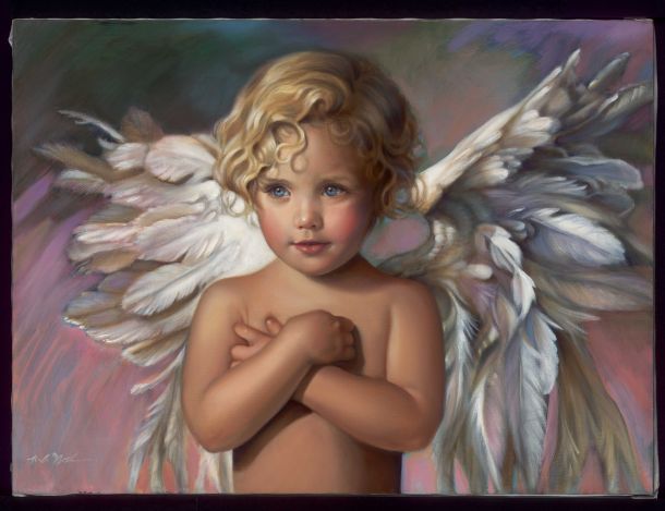 Nancy Nöel artwork, a cherub with wings in pastel tones, with curly blonde hair