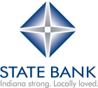State Bank logo with blue and silver diamond graphic with words State Bank Indiana Strong Locally Loved