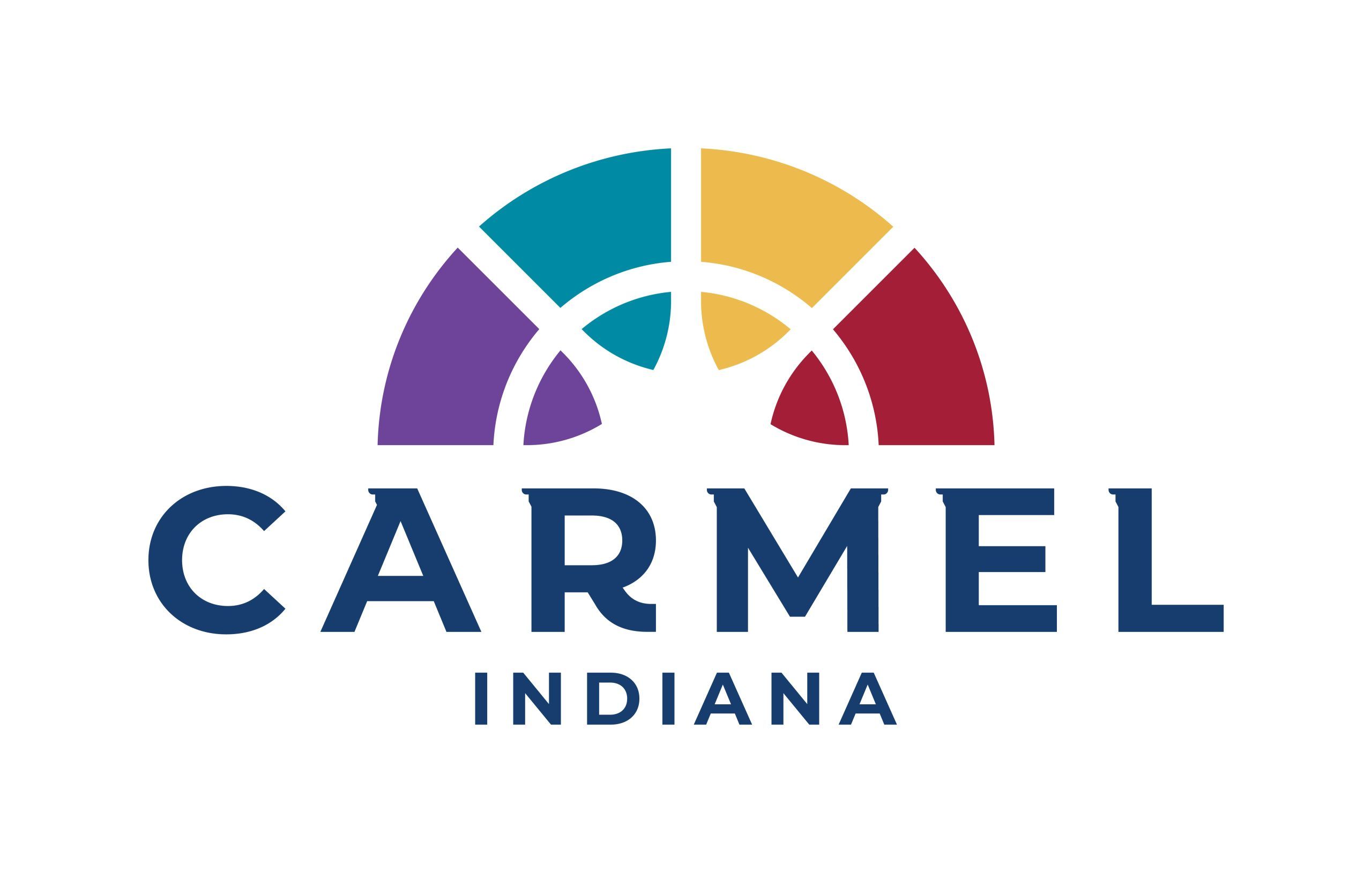 City of Carmel logo with purple, teal, gold and red fan above words Carmel Indiana in navy blue color