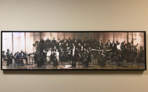 Historic sepia tone photo of the 1976 Carmel Symphony Orchestra at their first concert after official incorporation as a non profit organization.