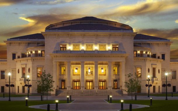 Exterior of the Payne & Mencias Palladium at sunset. The limestone structure is fashioned after the Villa Rotunda built in Vicenza Italy by Palladio