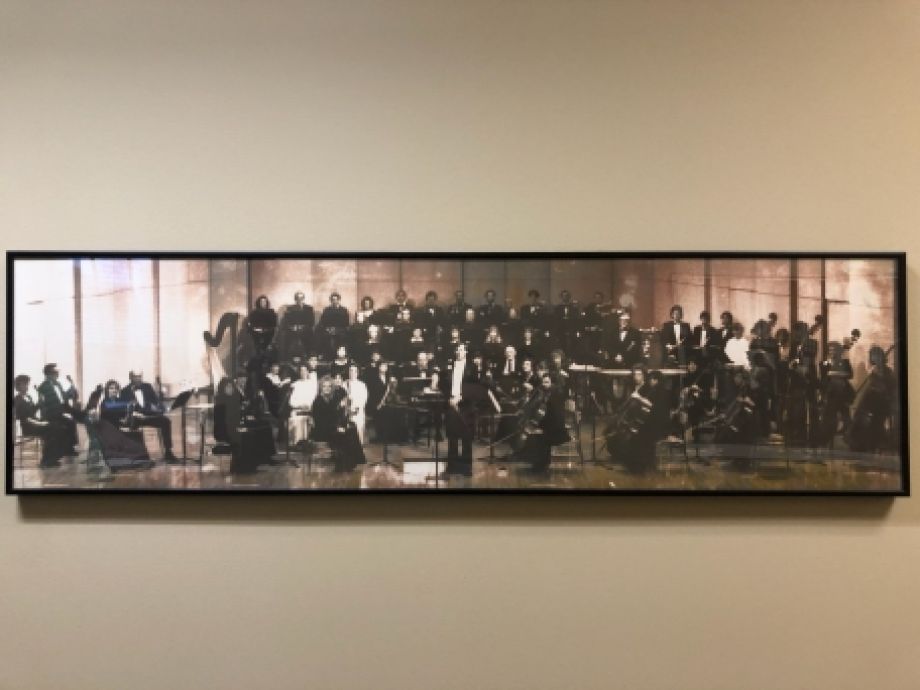 Historic sepia tone photo of the 1976 Carmel Symphony Orchestra at their first concert after official incorporation as a non profit organization.