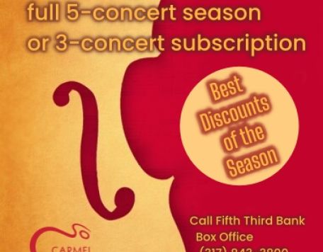 Red and gold graphic with ad info for 5 and 3 concert subscription packages