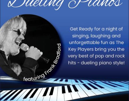 piano keys graphic with blue background and male singer promoting a CSO League fundraiser