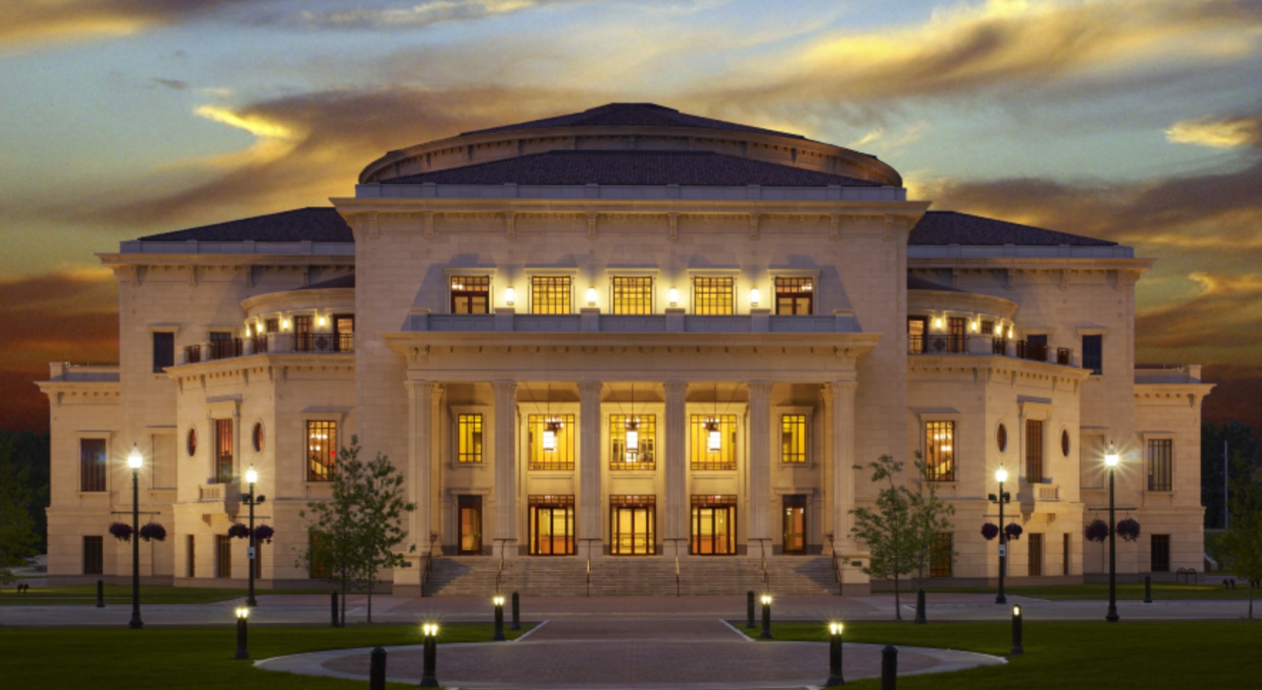 Exterior of the Payne & Mencias Palladium at sunset. The limestone structure is fashioned after the Villa Rotunda built in Vicenza Italy by Palladio