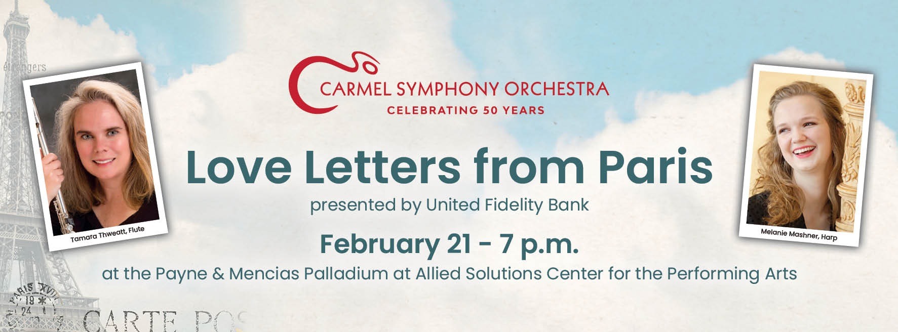Wide banner image of Love Letters from Paris concert ad featuring photos of flutist Tamara Thweatt and harpist Melanie Mashner