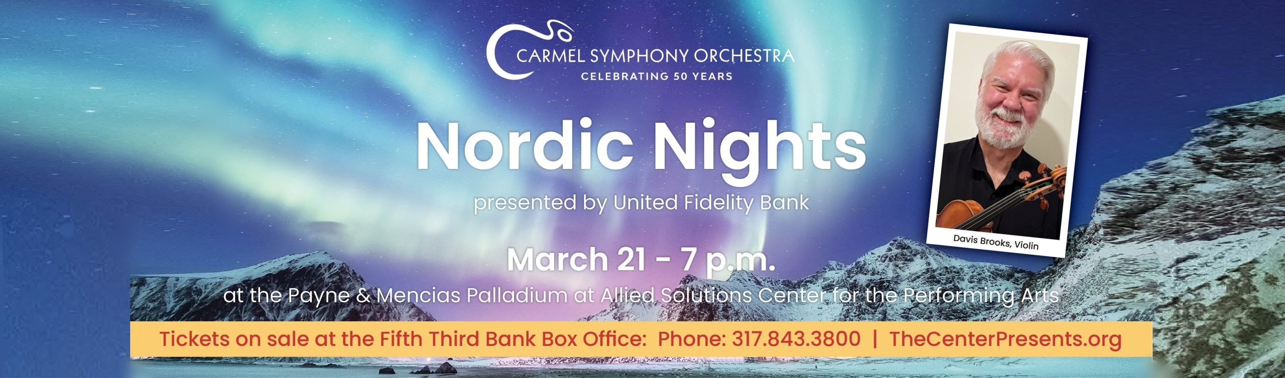 Nordic Nights website homepage slideshow image with concert details and background of aurora borealis