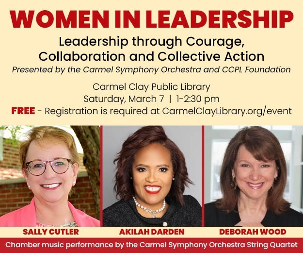 Women in Leadership square promo graphic with event details and photos of panelist Sally Cutler, Akilah Darden and Deborah Wood