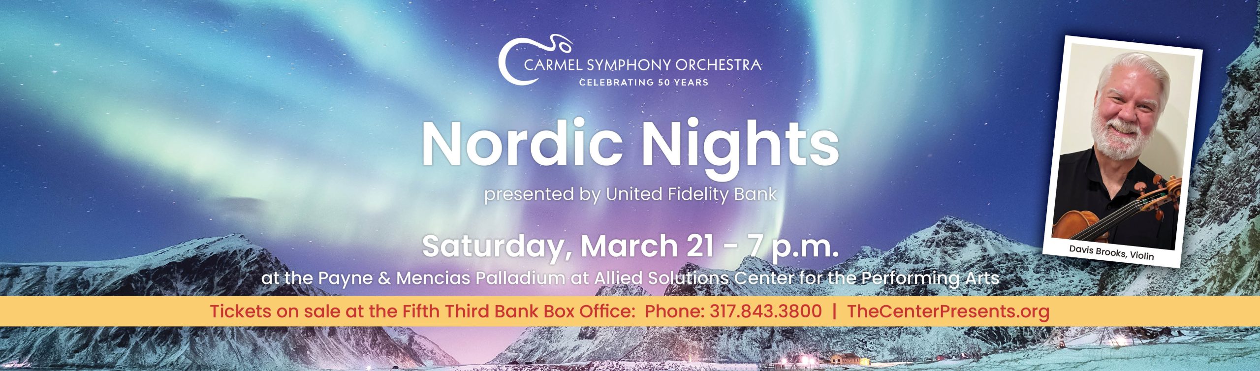 Nordic Nights website homepage slideshow image with concert details and background of aurora borealis