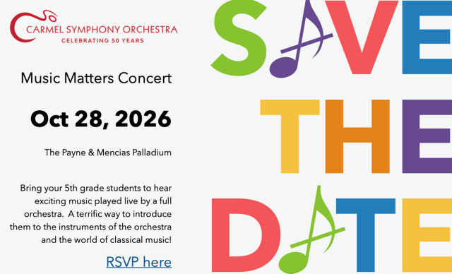 Save the Date grahic for Music Matters Oct. 28, 2026 event with big bold letters in multi-colored font