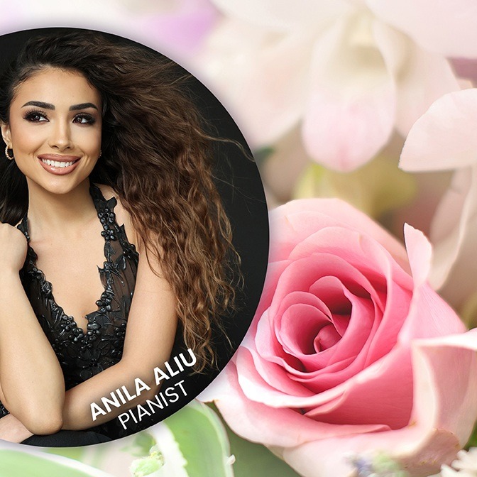 Roses in pastel colors for Hearts concert with inset photo of Anila Aliu