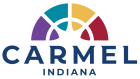 City of Carmel Indiana logo updated in 2025 w purple turquoise gold and red arch over name