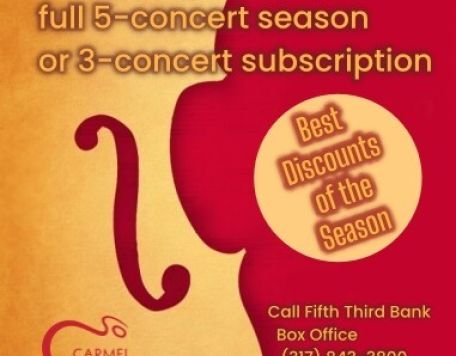 Red and gold graphic with ad info for 5 and 3 concert subscription packages