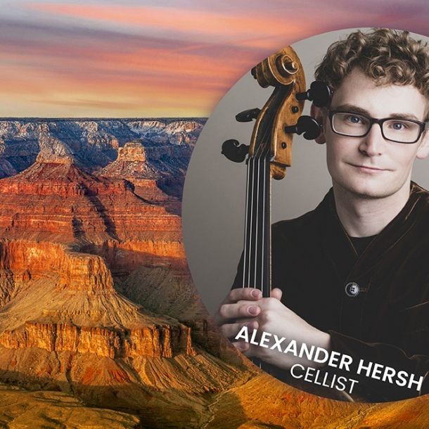Graphic of grand canyon with October concert information included wth inset photo of Alexander Hersh