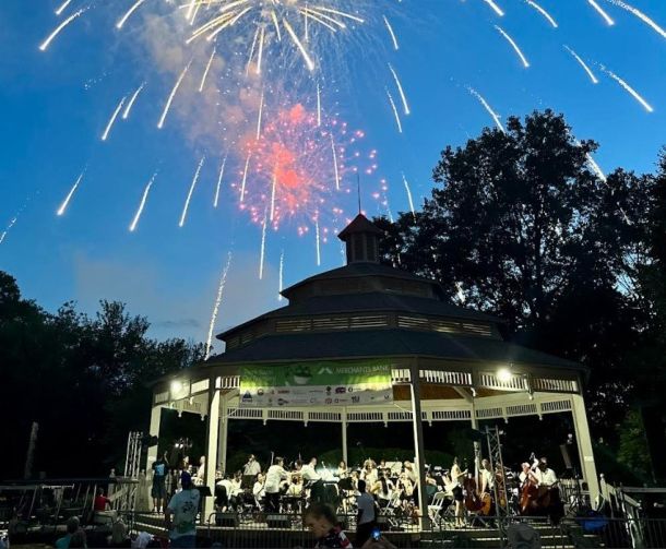 Fireworks over the Gazebo at Civic Square with Carmel Symphony Orchestra performing at CarmelFest 4th of July Celebration