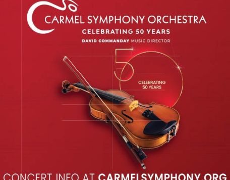 Cover art for season brochure - red backgrouind with violin and bow over a large 50 depicting 50th Anniversary Season of CSO