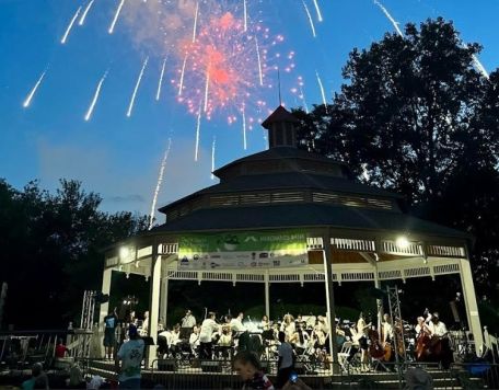 Fireworks over the Gazebo at Civic Square with Carmel Symphony Orchestra performing at CarmelFest 4th of July Celebration
