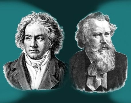 Black and white sketches of Beethoven & Brahms on a teal and black background