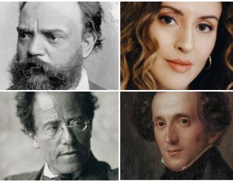 Collage of composers Dvorak, Spinei, Mahler and Mendelssohn in sepia tone. Used for promotion of Carmel Symphony Orchestra's Symphonic Odyssey concert