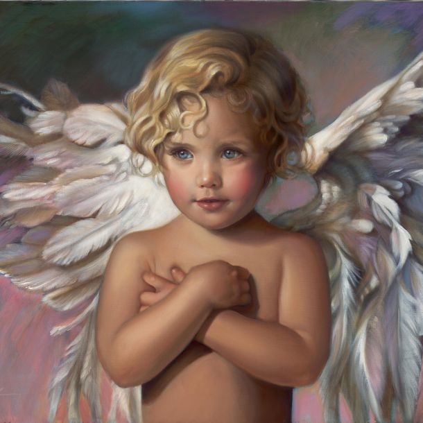 Nancy Nöel artwork, titled "Grace" depicting a cherub with wings in pastel tones, with curly blonde hair